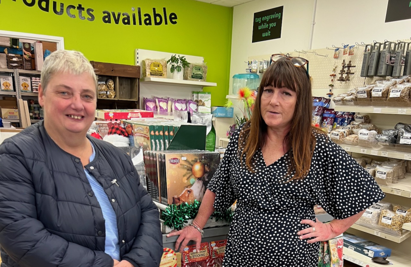 Pauline Jorgensen talking to Woodley shopkeeper